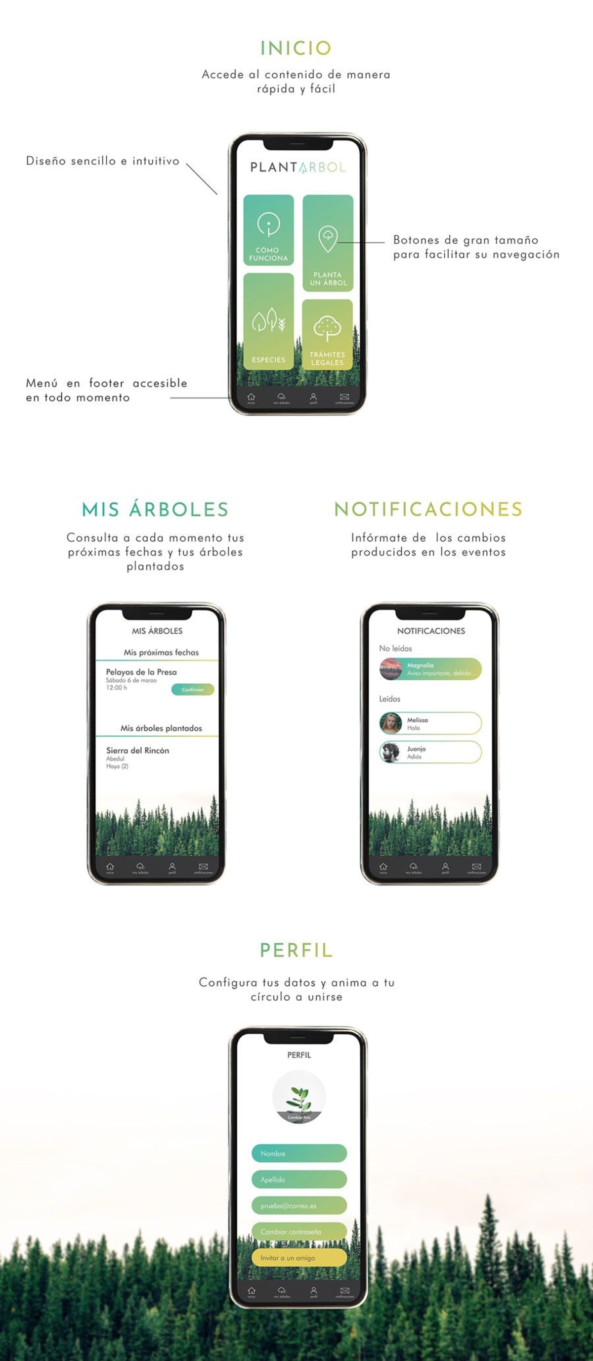 Pantallas de mis árboles, notificaciones y perfil de la app PlantArbol, de Alba de la Cruz Tejero, alumna de UX/UI/Web en TRAZOS