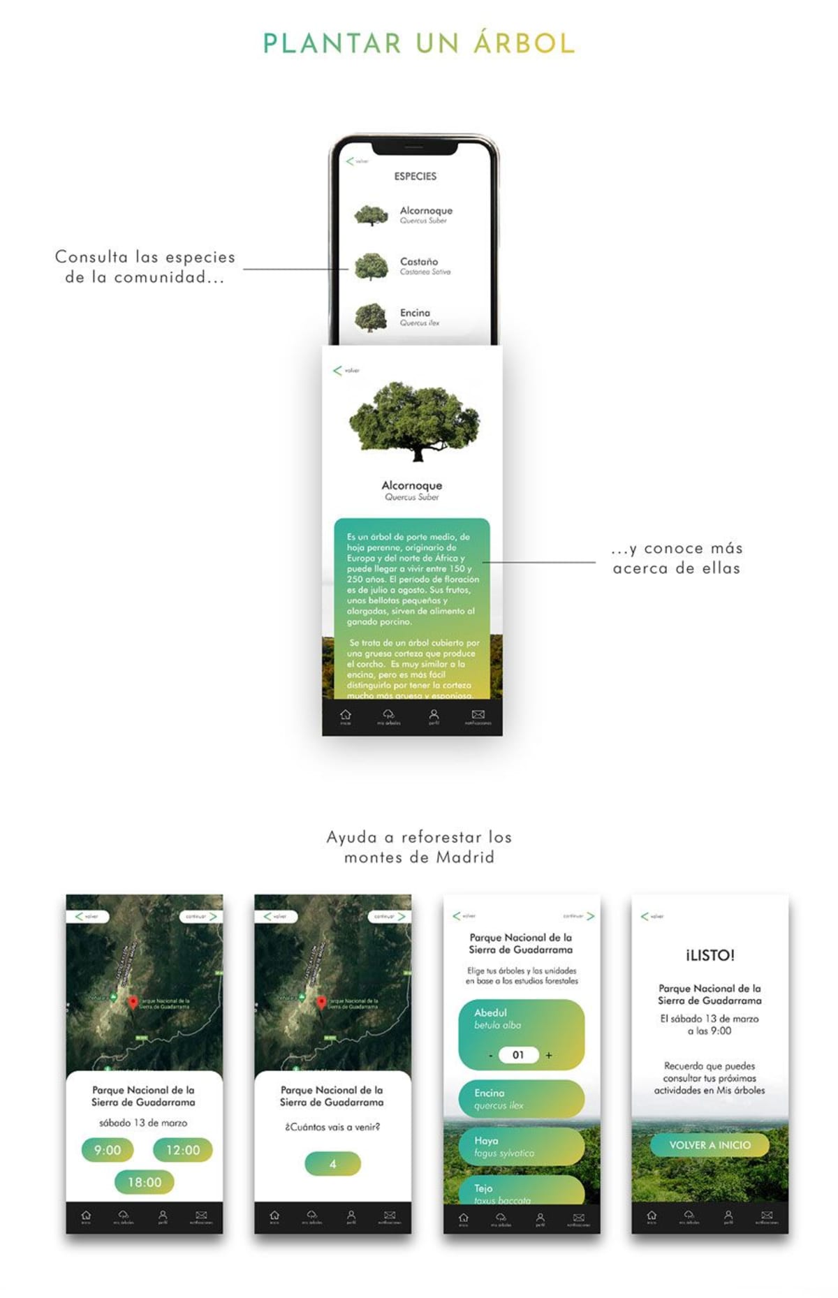 Pantallas de plantar un árbol con listado de especies y mapa de la app PlantArbol, de Alba de la Cruz Tejero, alumna de UX/UI/Web en TRAZOS