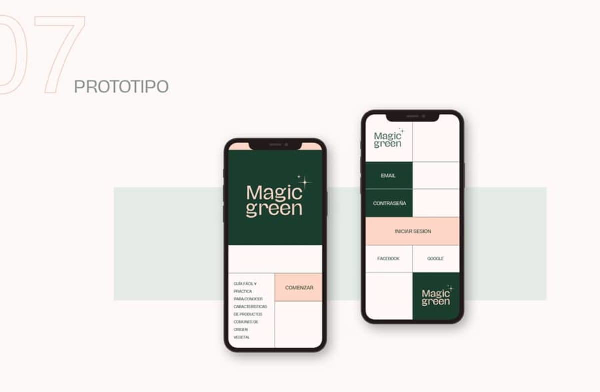 Prototipo de la app Magic Green con pantalla de inicio e inicio de sesión, de Eva Sanz, alumna de UX/UI/Web en TRAZOS