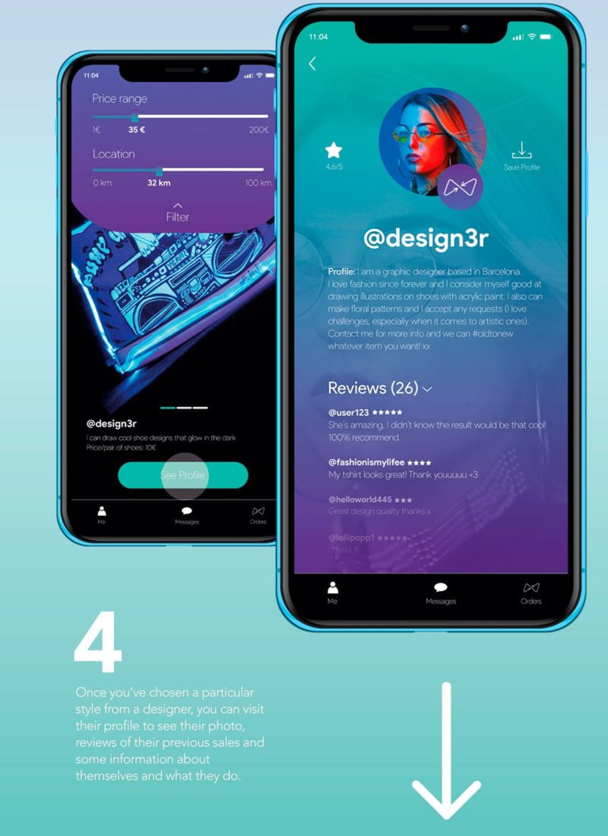 Pantallas que explican los pasos de uso de la app old to new para ver diseños y perfiles, de Cristina Varela, alumna de UX/UI/Web en TRAZOS