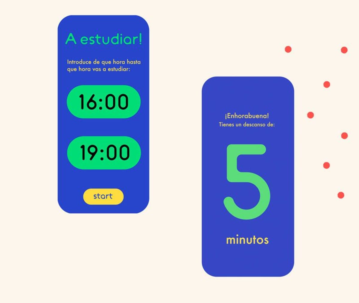 Pantallas del modo estudio con temporizador y descanso de la app Easy Peasy, de Carmen Morales, alumna de UX/UI/Web en TRAZOS