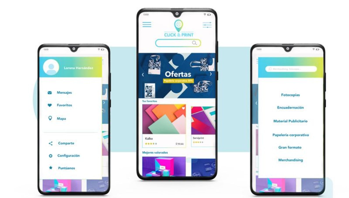 Pantallas de la app Click & Print con menú lateral, home de ofertas y listado de servicios de imprenta, de Beatriz Martín y Celia Pariego, alumnas de UX/UI/Web en TRAZOS