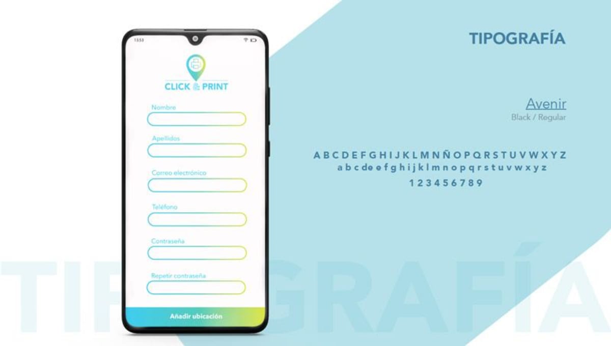 Tipografía Avenir y pantalla de formulario de registro de la app Click & Print, de Beatriz Martín y Celia Pariego, alumnas de UX/UI/Web en TRAZOS