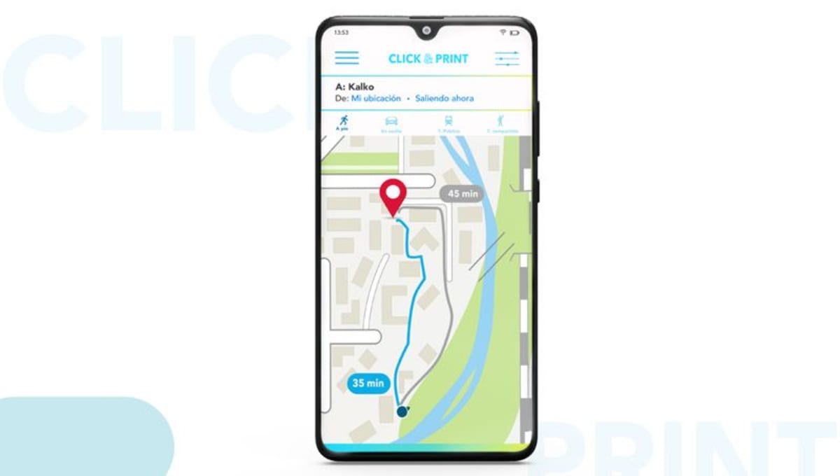 Pantalla de mapa y ruta a la imprenta Kalko en la app Click & Print, de Beatriz Martín y Celia Pariego, alumnas de UX/UI/Web en TRAZOS