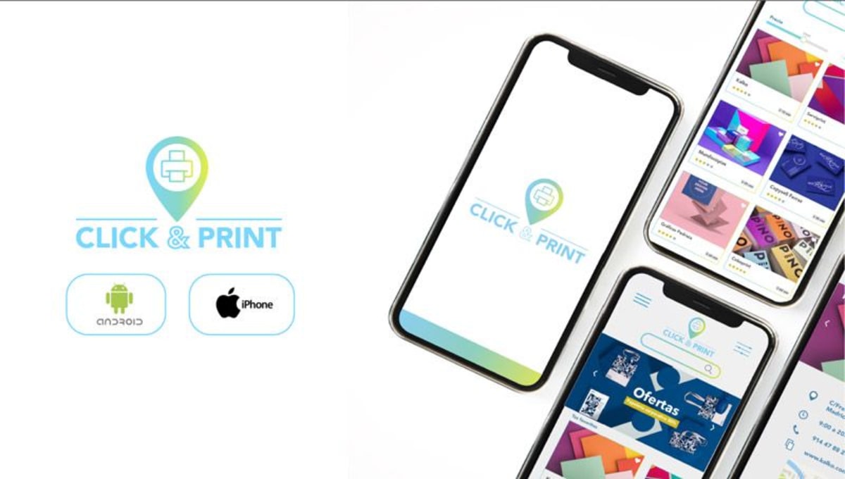 Logotipo Click & Print con iconos de Android e iPhone y mockup de la app en varios móviles, de Beatriz Martín y Celia Pariego, alumnas de UX/UI/Web en TRAZOS