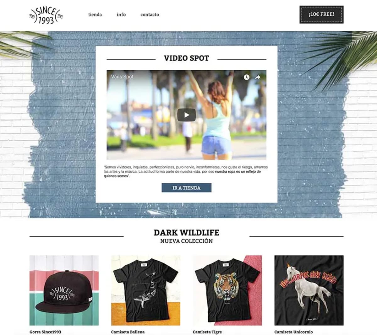 Vista completa de la web de la tienda Since1993 con vídeo spot y productos de la colección Dark Wildlife, de Ángel Díaz Fernández, alumno de UX/UI/Web en TRAZOS