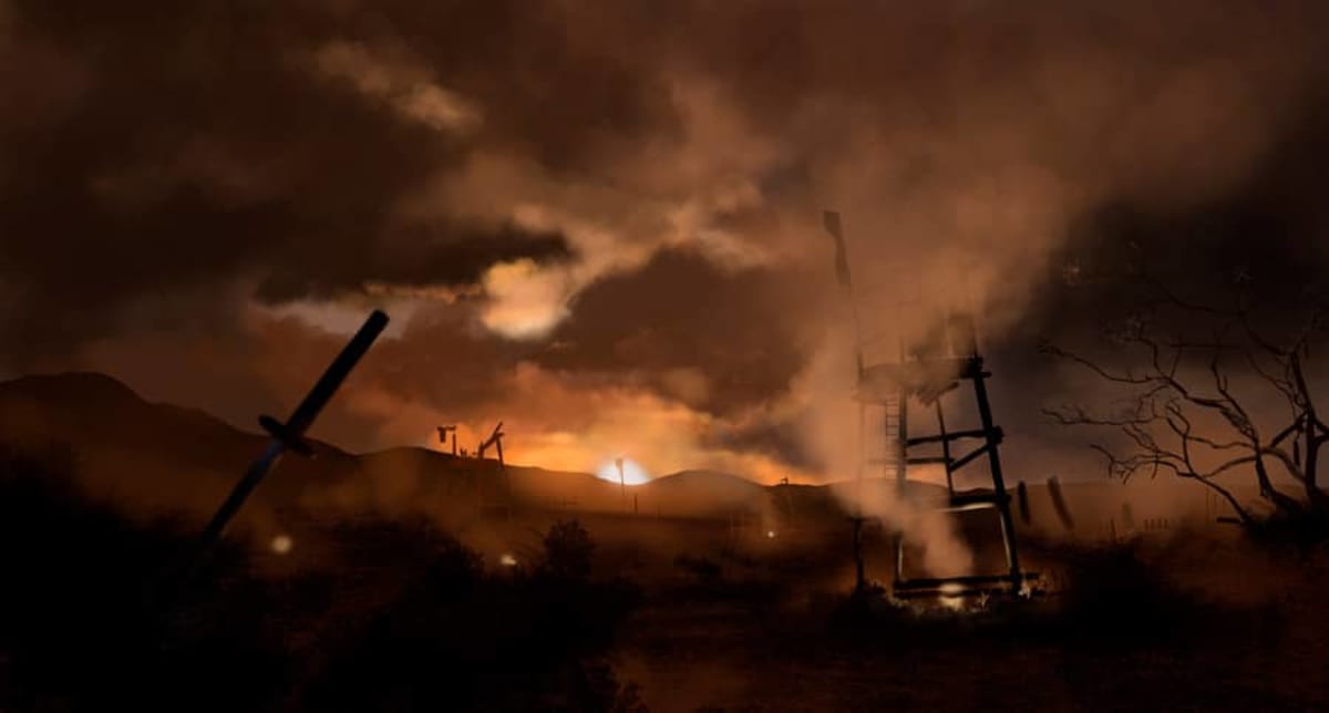 Paisaje postapocalíptico nocturno con torres en ruinas, humo y fuego en el horizonte, de Adriano Marroyo, alumno de Concept Art en TRAZOS