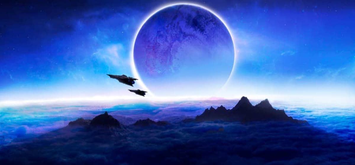 Dos naves espaciales sobrevolando un mar de nubes con un gran planeta azul al fondo, de Adriano Marroyo, alumno de Concept Art en TRAZOS