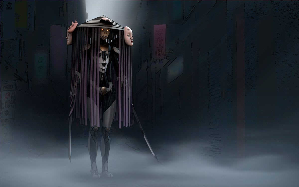 Guerrera con un sombrero cónico del que cuelgan máscaras, empuñando katanas en un callejón oscuro, de Ignacio Camacho, alumno de Concept Art en TRAZOS