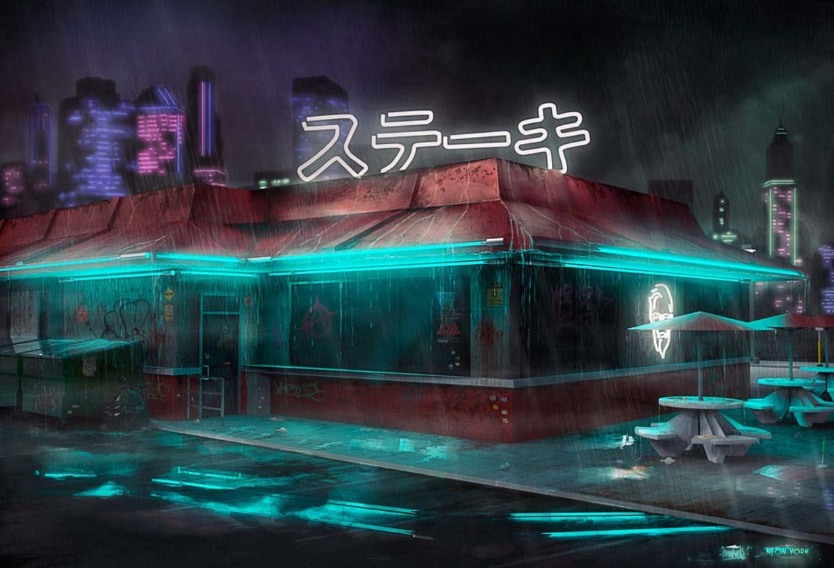 Concept art del proyecto Neon York: restaurante de neón bajo la lluvia en una ciudad nocturna, de Mario Pérez de Frías, alumno de Concept Art en TRAZOS