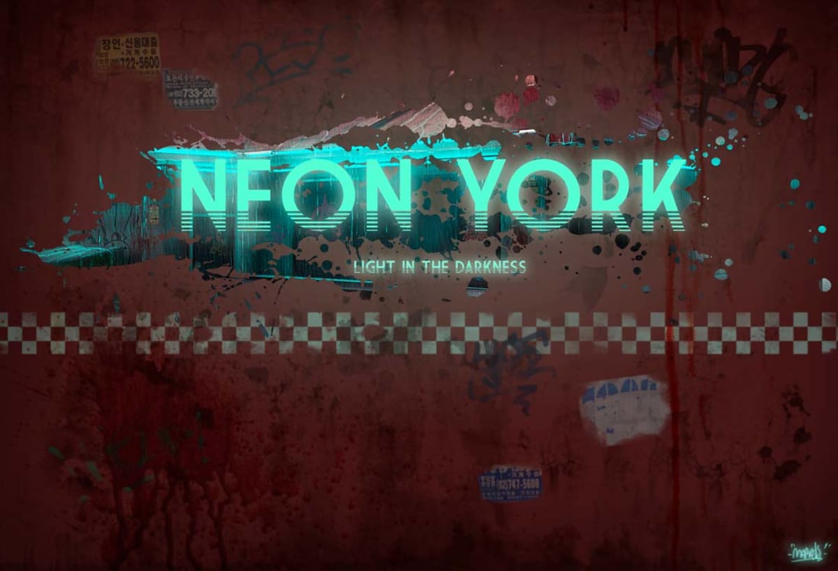 Key art del proyecto Neon York con el rótulo Light in the Darkness sobre fondo rojo, de Mario Pérez de Frías, alumno de Concept Art en TRAZOS