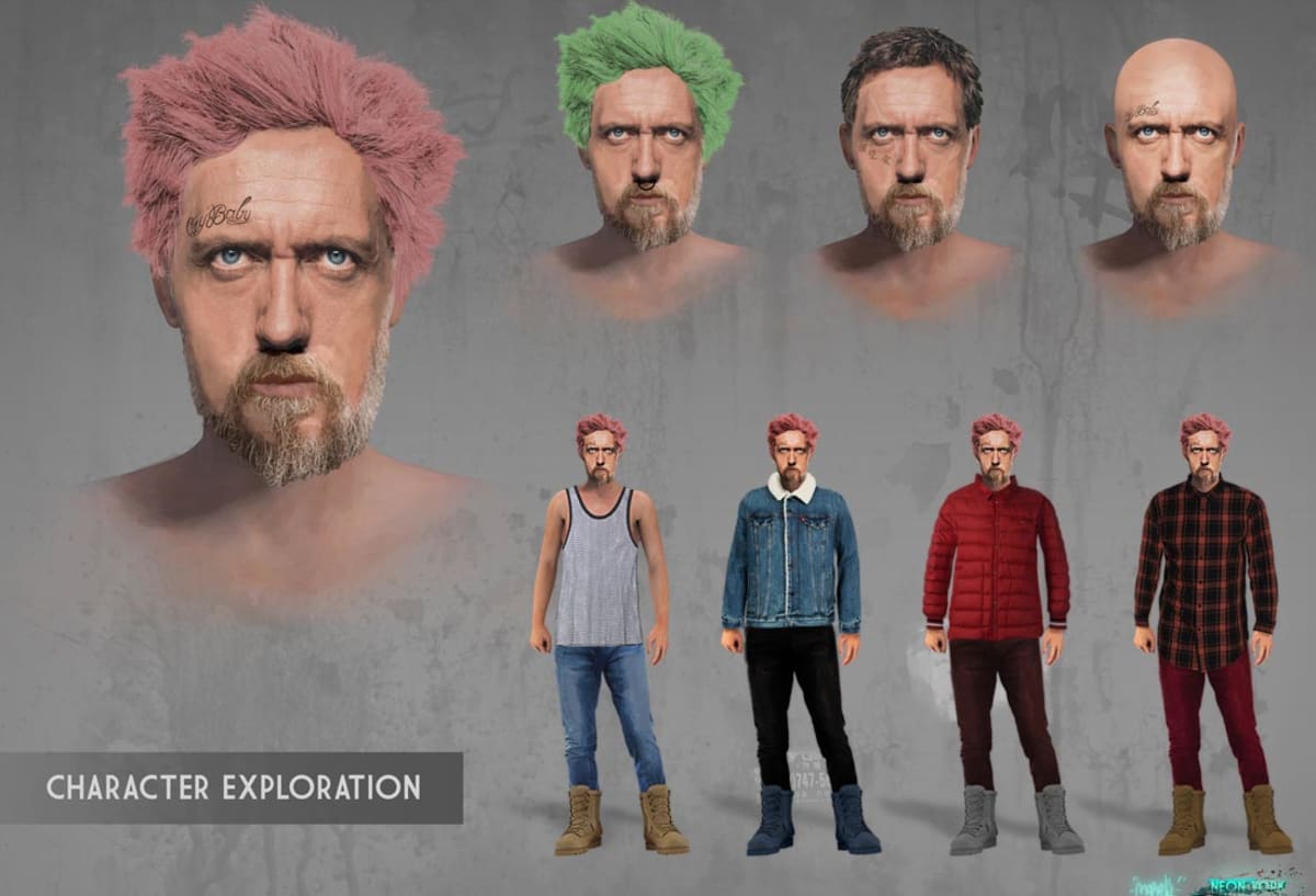Hoja de exploración de un personaje masculino con pelo de colores y variantes de vestuario, del proyecto Neon York, de Mario Pérez de Frías, alumno de Concept Art en TRAZOS