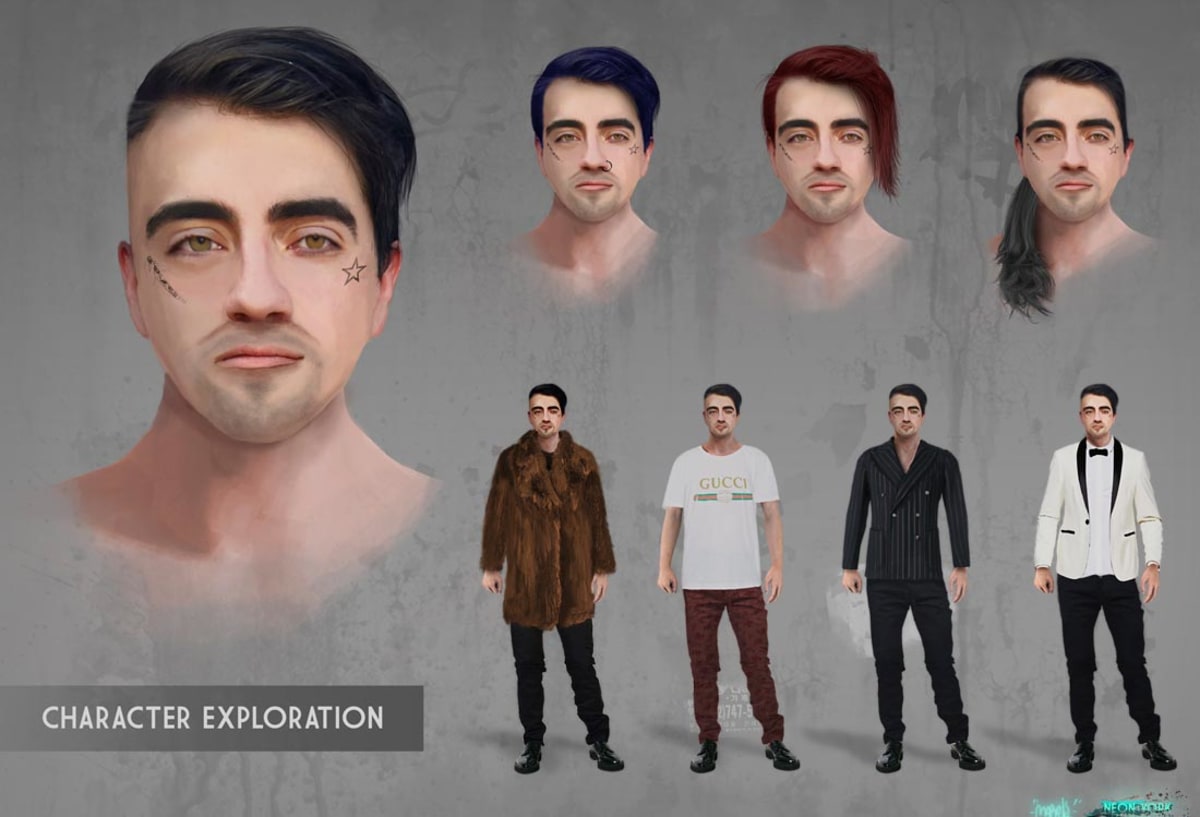 Hoja de exploración de un personaje masculino con variantes de peinado y vestuario, del proyecto Neon York, de Mario Pérez de Frías, alumno de Concept Art en TRAZOS