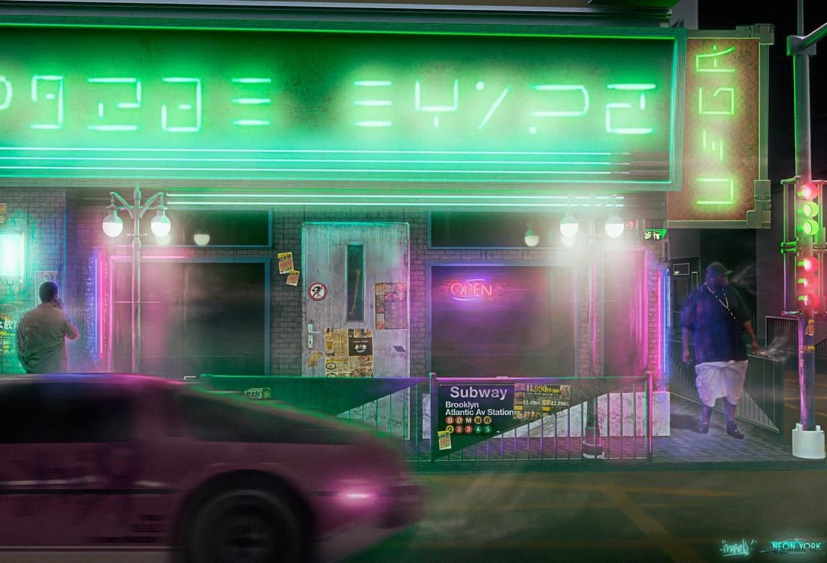 Concept art del proyecto Neon York: calle nocturna con rótulos de neón verdes y entrada de metro, de Mario Pérez de Frías, alumno de Concept Art en TRAZOS