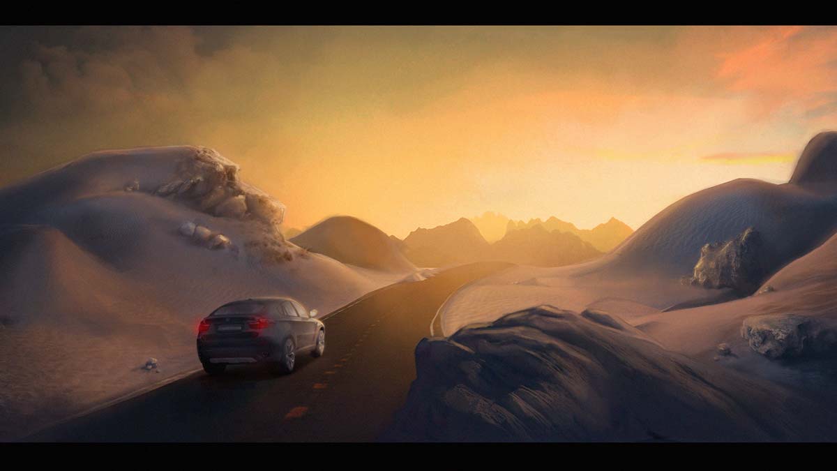 Coche recorriendo una carretera entre dunas desérticas al atardecer, de Esther Clúa, alumna de Concept Art en TRAZOS