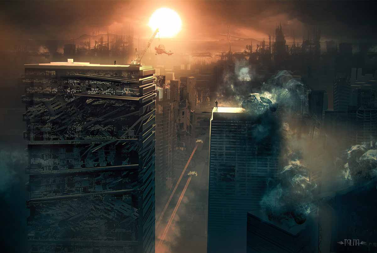 Ciudad de rascacielos en ruinas envuelta en humo al atardecer con aeronaves sobrevolando, de Alejandro Palma, alumno de Concept Art en TRAZOS