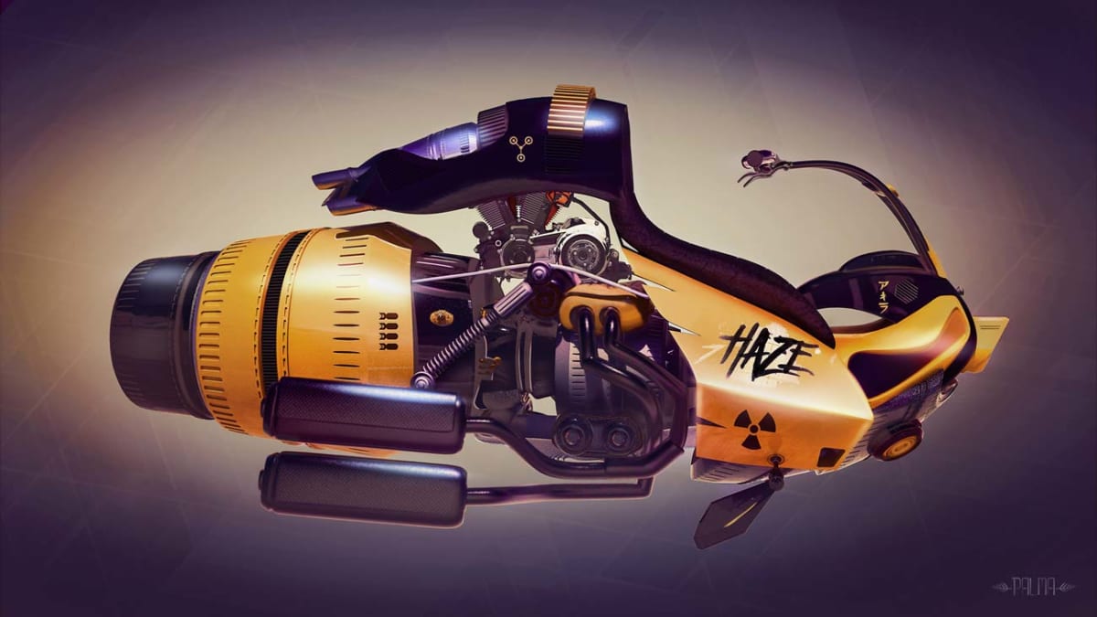 Diseño de moto voladora futurista negra y amarilla rotulada Haze, de Alejandro Palma, alumno de Concept Art en TRAZOS