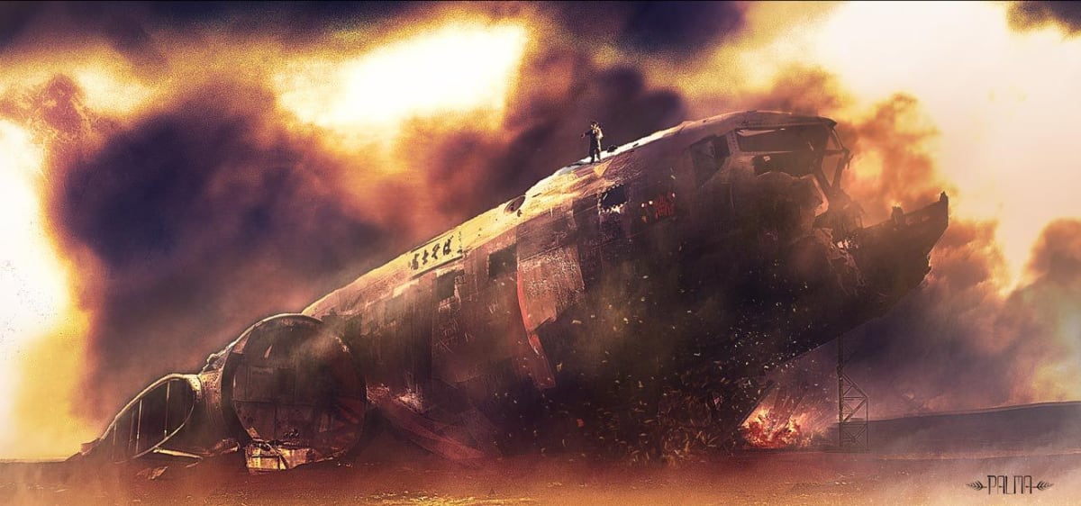 Aeronave estrellada y humeante en un desierto con nubes de fuego al amanecer, de Alejandro Palma, alumno de Concept Art en TRAZOS