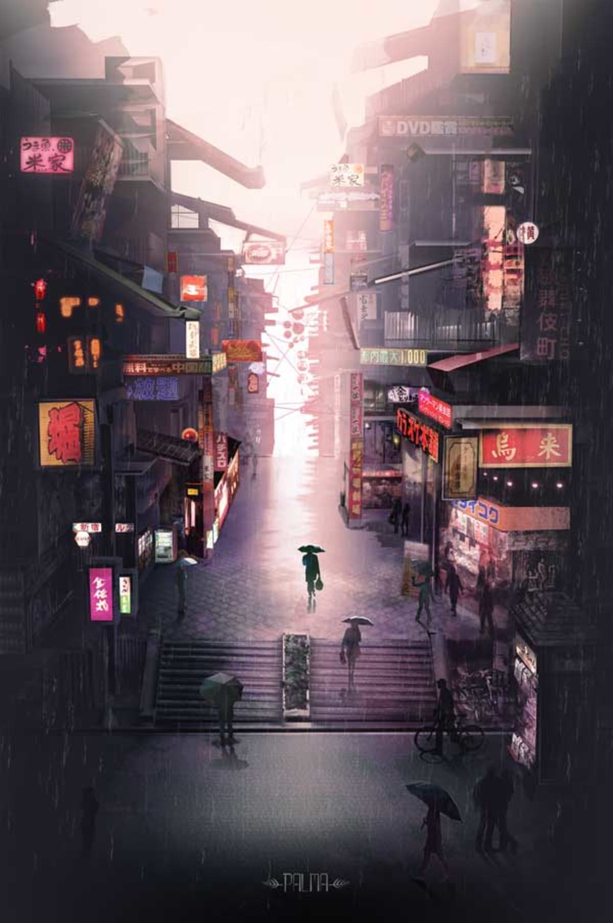 Calle cyberpunk japonesa bajo la lluvia con carteles luminosos y peatones con paraguas, de Alejandro Palma, alumno de Concept Art en TRAZOS