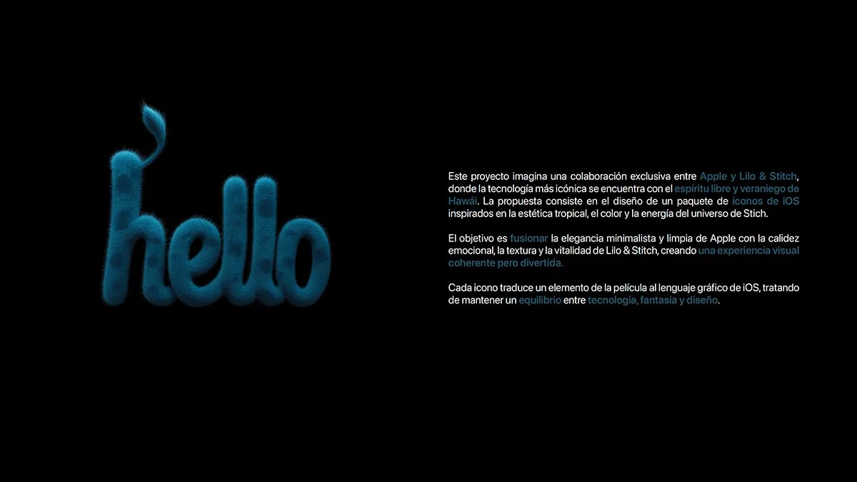 Tipografía peluda azul hello junto al texto explicativo del proyecto de iconos de iOS inspirado en Lilo y Stitch, de Andrea López Cardeña, alumna de Diseño Gráfico y Motion Graphics en TRAZOS