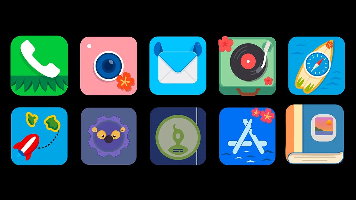 Rejilla con los diez iconos de iOS rediseñados con estética tropical de Lilo y Stitch, de Andrea López Cardeña, alumna de Diseño Gráfico y Motion Graphics en TRAZOS