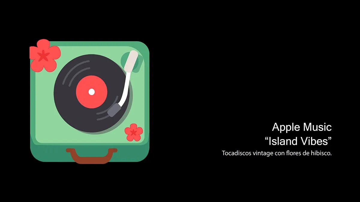 Icono de iOS de la app Apple Music rediseñado como tocadiscos vintage con flores de hibisco en el proyecto Lilo y Stitch, de Andrea López Cardeña, alumna de Diseño Gráfico y Motion Graphics en TRAZOS