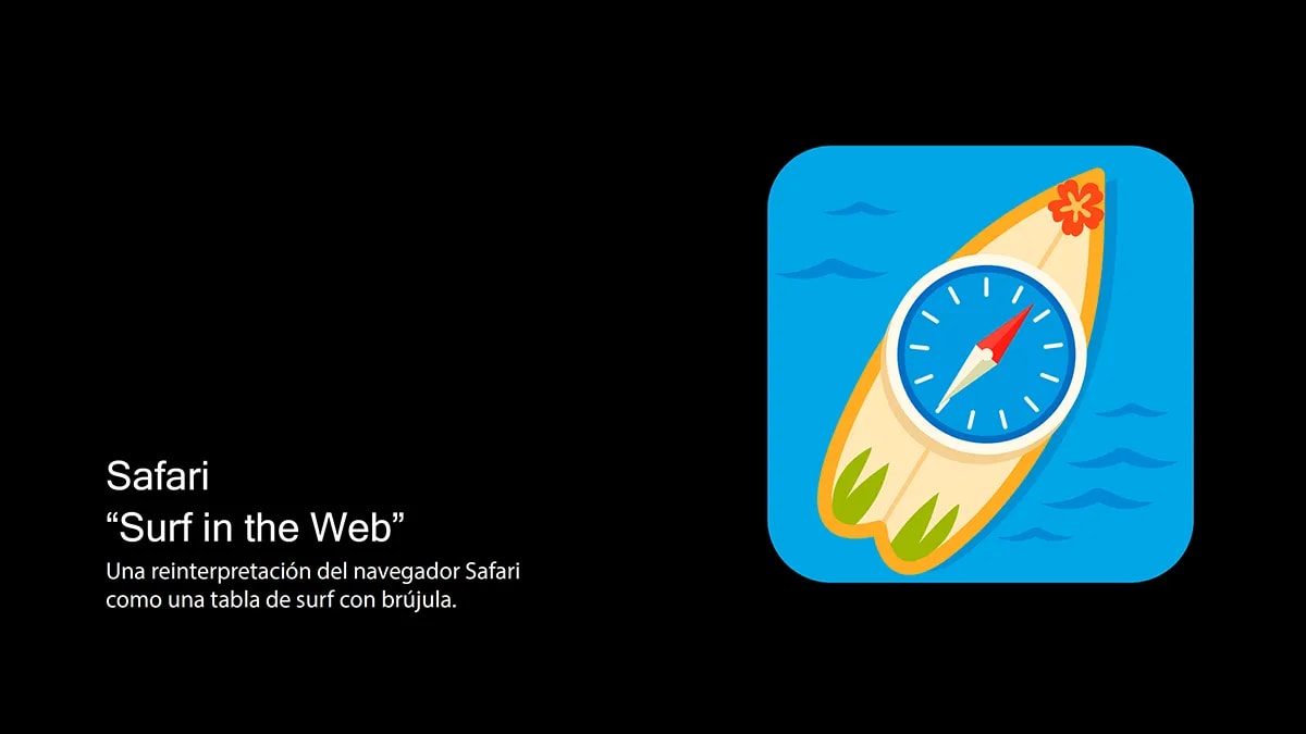 Icono de iOS de la app Safari rediseñado como tabla de surf con brujula en el proyecto Lilo y Stitch, de Andrea López Cardeña, alumna de Diseño Gráfico y Motion Graphics en TRAZOS