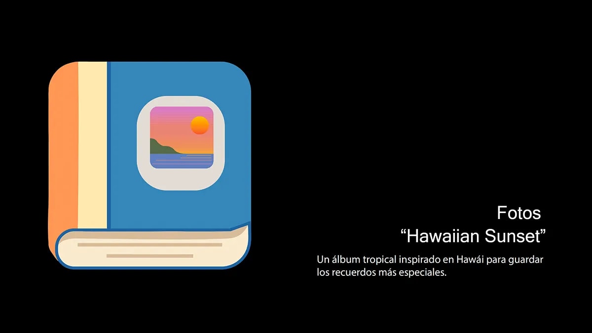Icono de iOS de la app Fotos rediseñado como album tropical con atardecer hawaiano en el proyecto Lilo y Stitch, de Andrea López Cardeña, alumna de Diseño Gráfico y Motion Graphics en TRAZOS