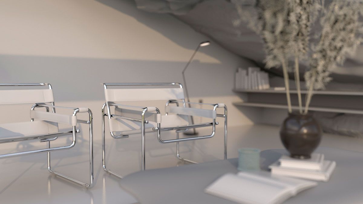 Salón minimalista en blanco con sillas Wassily y un jarrón de flores, de Óscar López Muiños, alumno de 3D · Modelado y Animación en TRAZOS