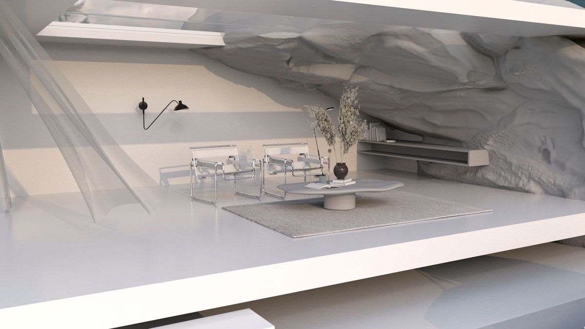 Salón de diseño integrado en una pared de roca bajo una claraboya, de Óscar López Muiños, alumno de 3D · Modelado y Animación en TRAZOS