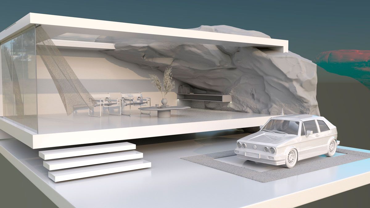 Diorama de una casa moderna en una roca con el Volkswagen Golf aparcado, de Óscar López Muiños, alumno de 3D · Modelado y Animación en TRAZOS