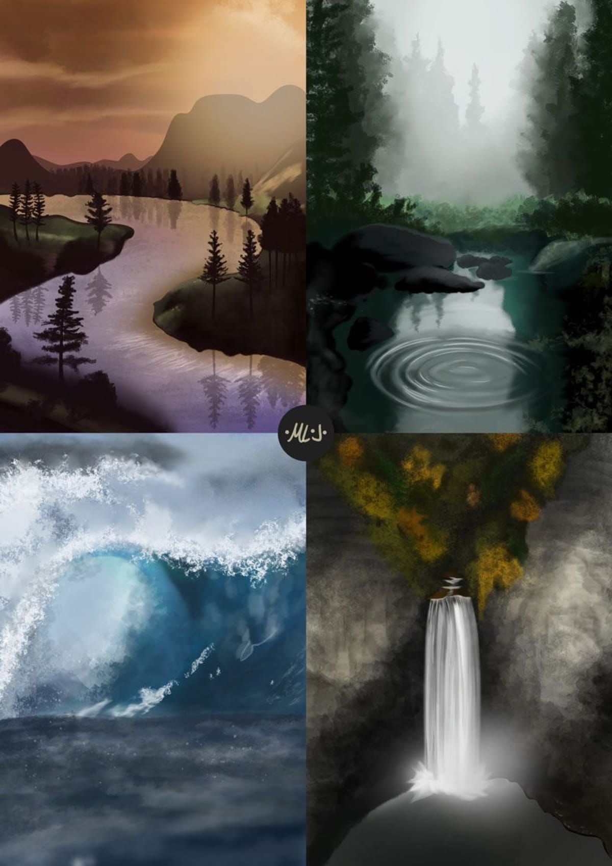 Cuatro estudios de paisaje pintados digitalmente: lago al atardecer, estanque en el bosque, ola en el mar y cascada, de Laura Encabo, alumna de Concept Art en TRAZOS