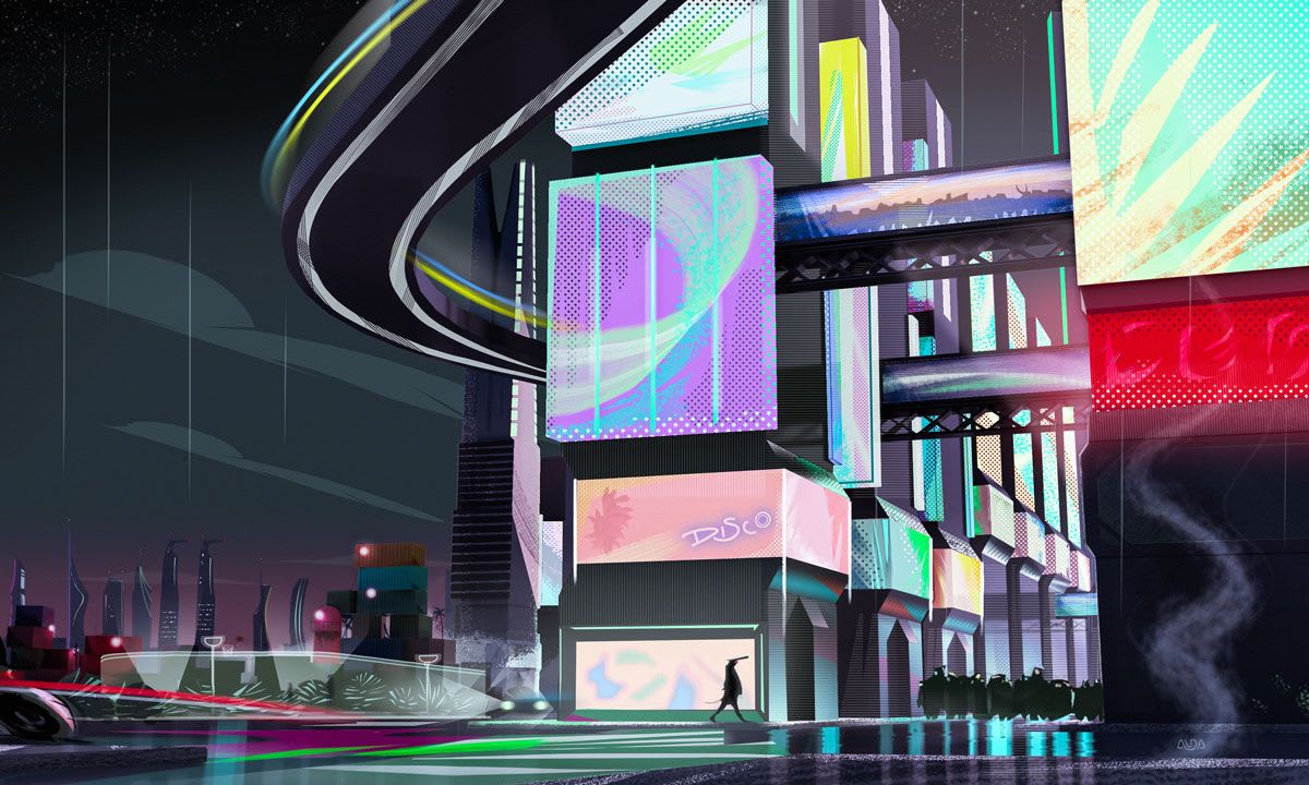 Concept art de una ciudad cyberpunk nocturna con rascacielos de pantallas de neón y una carretera elevada, de Raúl Aldabaldetrecu Opic, alumno de Concept Art en TRAZOS