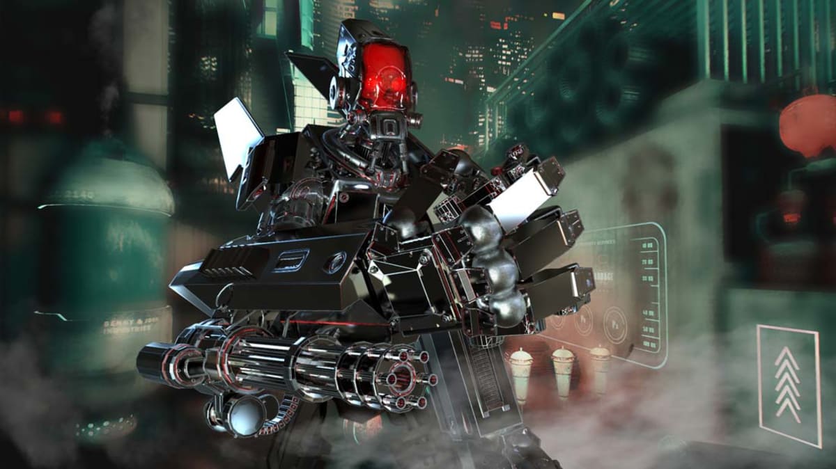 Render 3D de un mech robótico negro con minicañón en una ciudad cyberpunk, de Rubén Lainez, alumno de Concept Art en TRAZOS