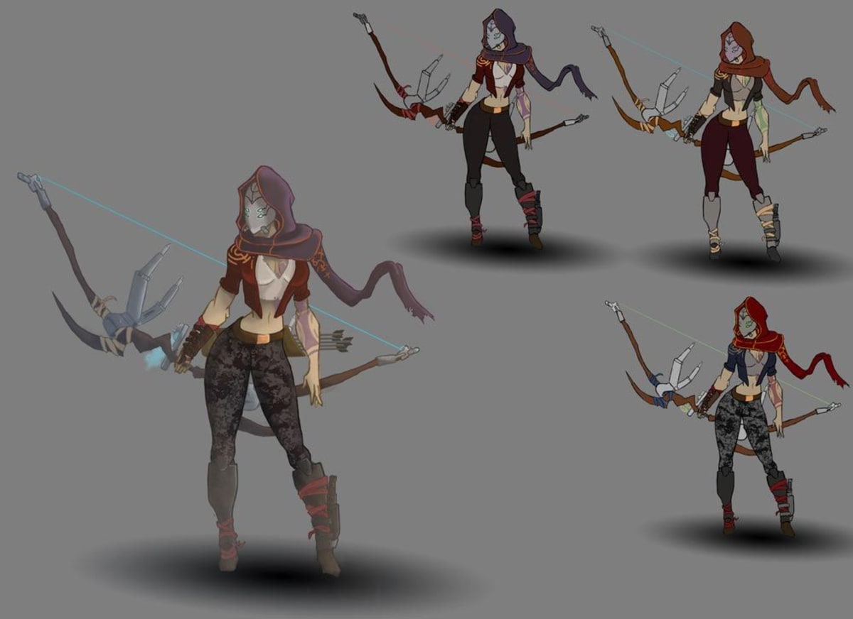 Hoja de diseño de personaje de una arquera encapuchada con arco y variantes de color, de Rubén Lainez, alumno de Concept Art en TRAZOS