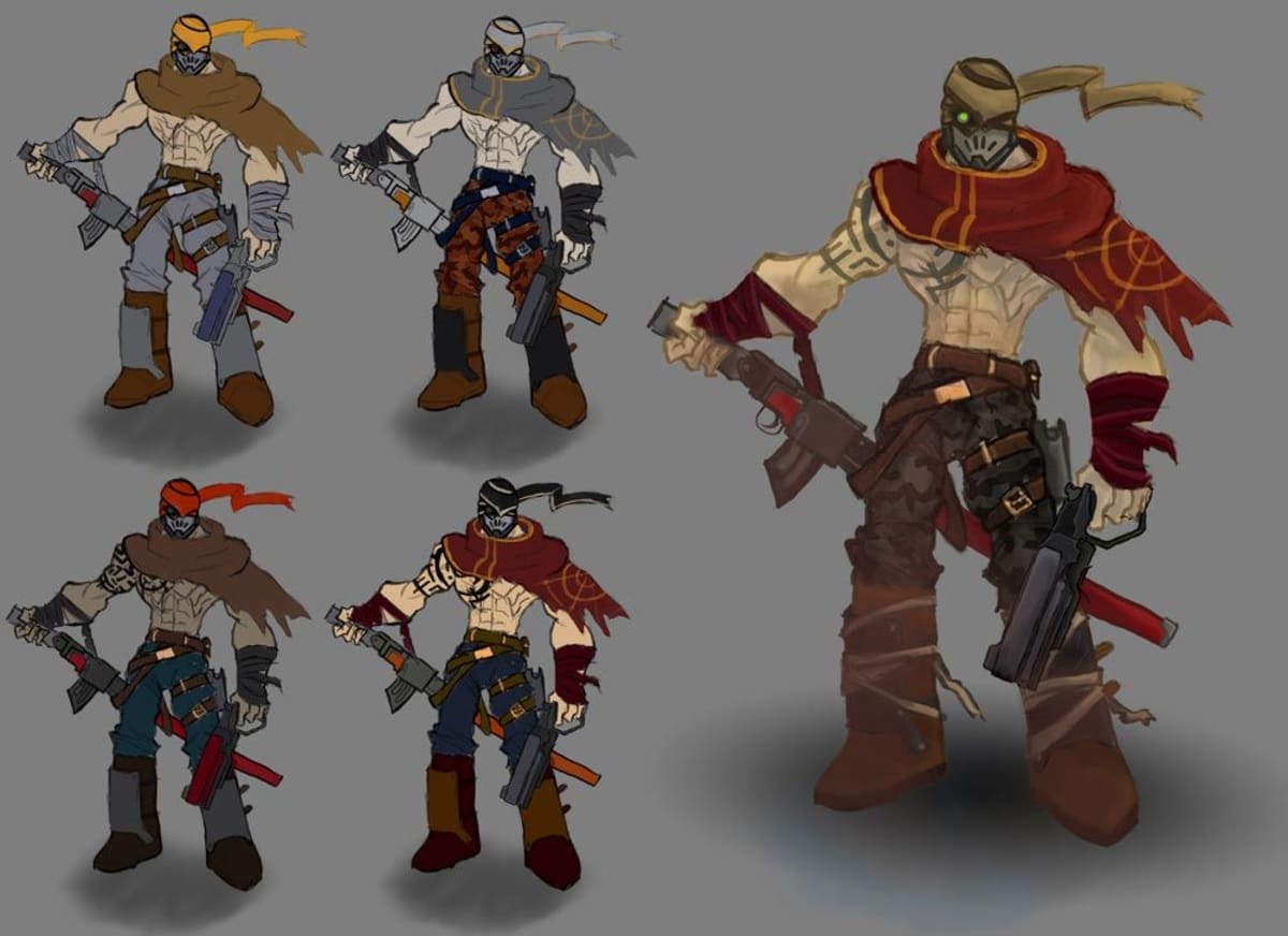 Hoja de diseño de personaje de un guerrero enmascarado con fusiles y variantes de color, de Rubén Lainez, alumno de Concept Art en TRAZOS
