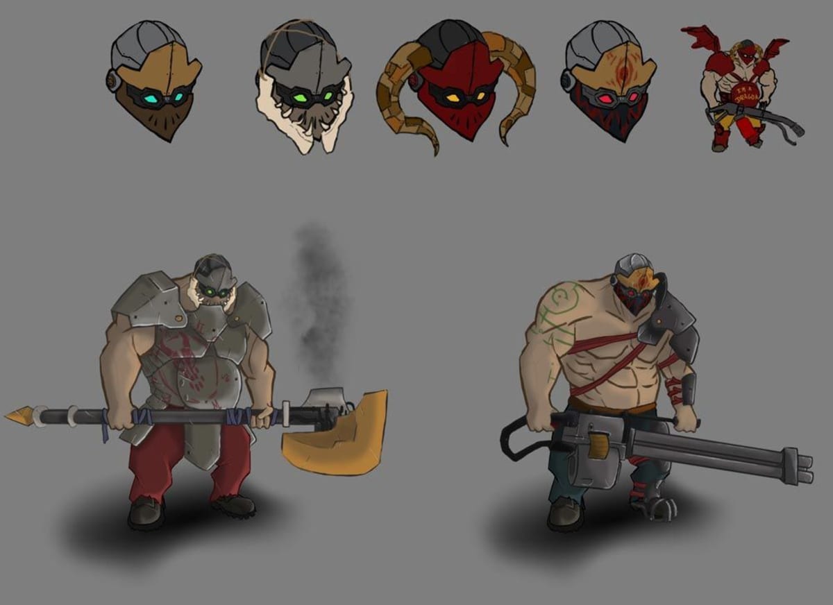 Hoja de diseño de personaje de un guerrero bruto con variantes de casco y armas pesadas, de Rubén Lainez, alumno de Concept Art en TRAZOS