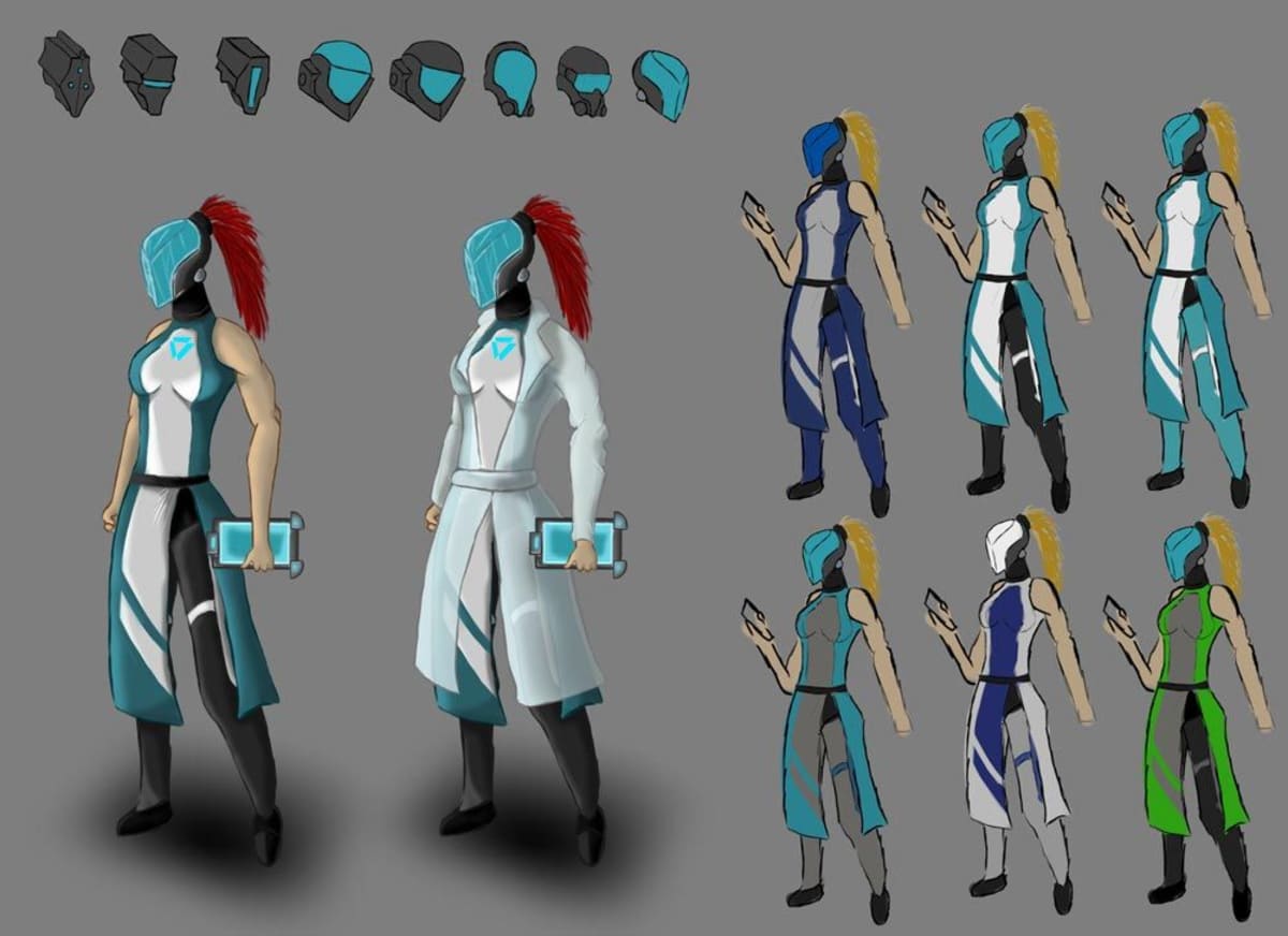 Hoja de diseño de personaje de una figura sci-fi femenina con variantes de casco y vestuario, de Rubén Lainez, alumno de Concept Art en TRAZOS