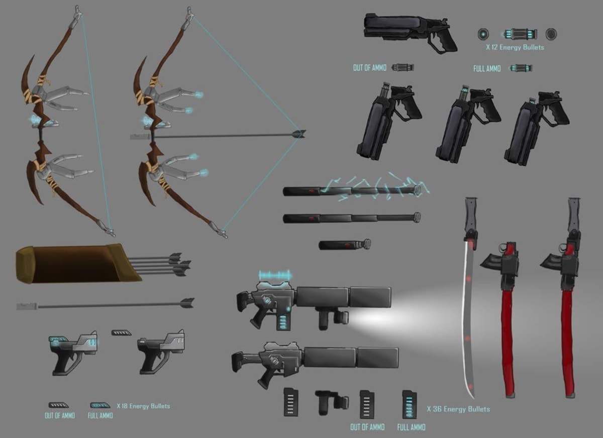 Hoja de armas y props: arcos, pistolas, fusiles y espadas de energía con su munición, de Rubén Lainez, alumno de Concept Art en TRAZOS