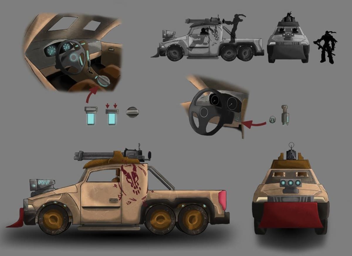 Hoja de diseño de un vehículo, una camioneta postapocalíptica armada con detalle del interior, de Rubén Lainez, alumno de Concept Art en TRAZOS