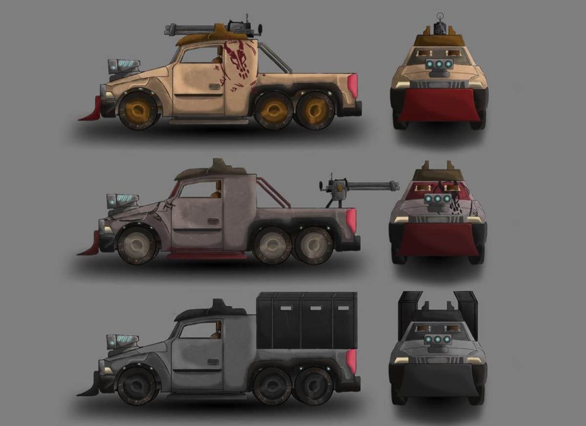 Hoja de diseño de la camioneta armada con variantes de versión y color, de Rubén Lainez, alumno de Concept Art en TRAZOS