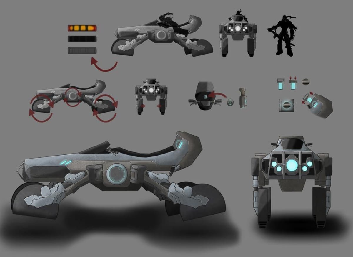 Hoja de diseño de un vehículo caminante futurista con detalle de mecanismos, de Rubén Lainez, alumno de Concept Art en TRAZOS