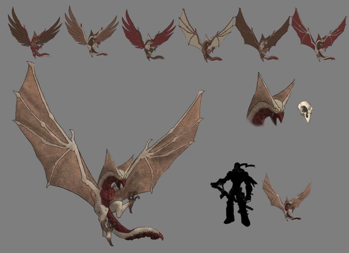 Hoja de diseño de criatura, un dragón alado con variantes de color y su cráneo, de Rubén Lainez, alumno de Concept Art en TRAZOS