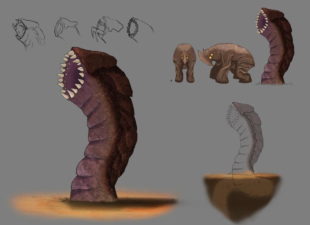 Hoja de diseño de criaturas: gusanos dentados gigantes y bestias cuadrúpedas, de Rubén Lainez, alumno de Concept Art en TRAZOS