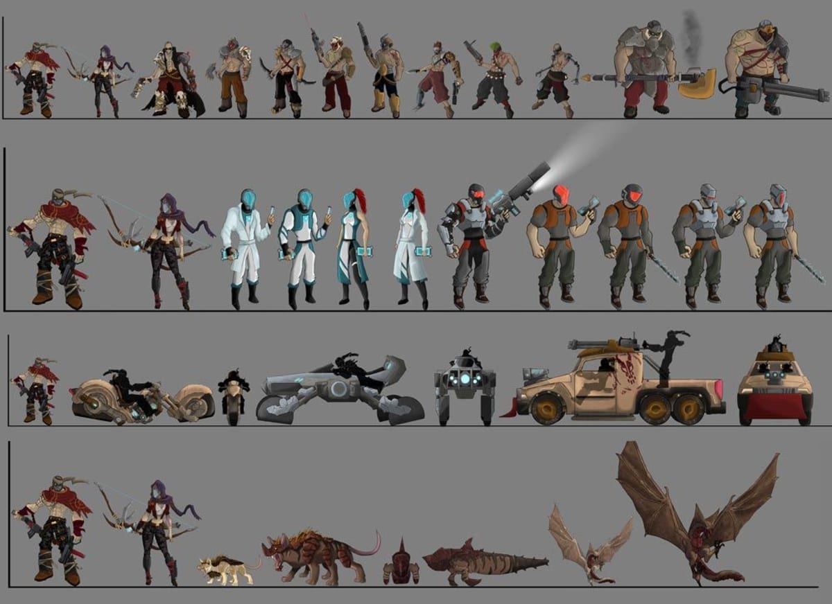 Hoja con el lineup completo del proyecto: personajes, vehículos y criaturas reunidos, de Rubén Lainez, alumno de Concept Art en TRAZOS