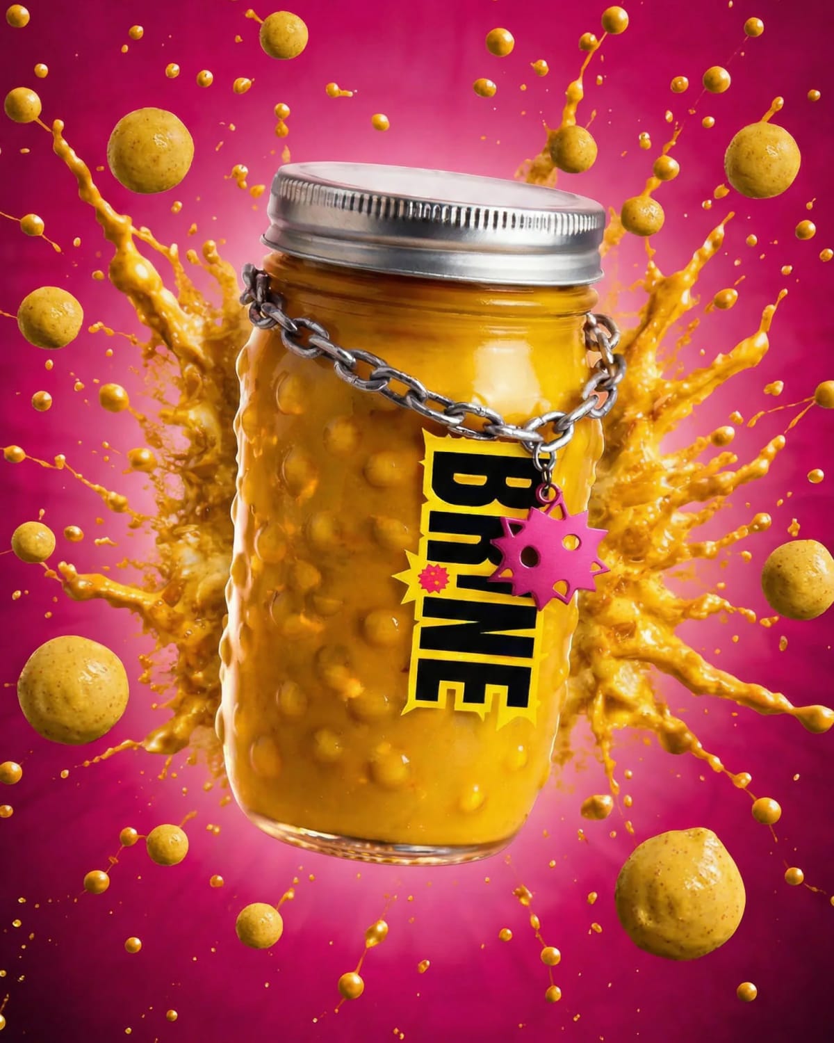 Bote de mostaza Brine con cadena y colgante, entre una explosión de mostaza sobre fondo fucsia, de Paula Sixto, alumna de Diseño Gráfico y Motion Graphics en TRAZOS