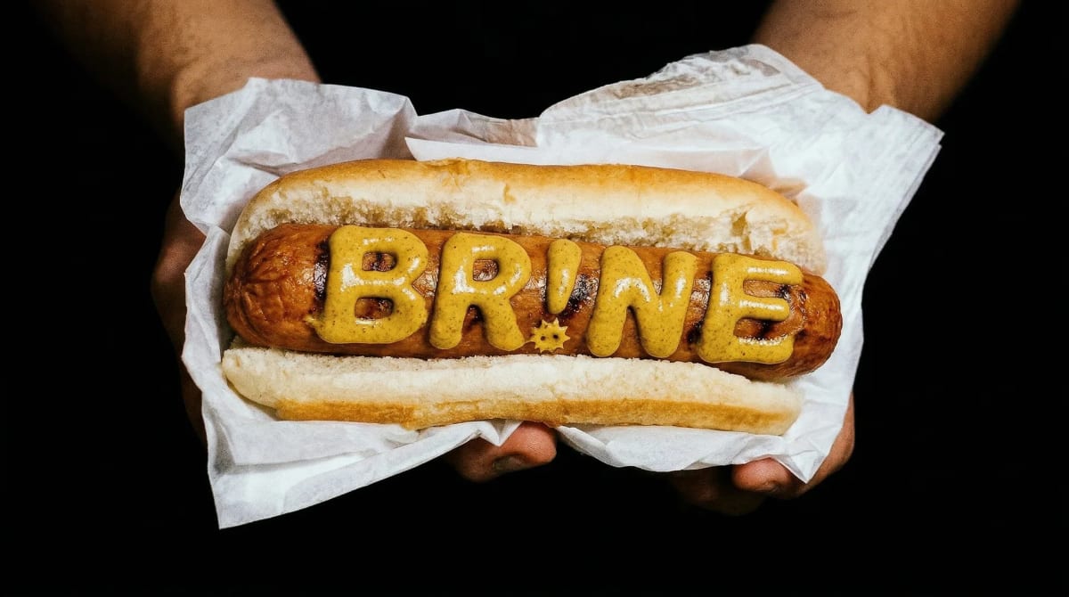 Perrito caliente sostenido entre las manos, con la palabra Brine escrita en mostaza sobre la salchicha, de Paula Sixto, alumna de Diseño Gráfico y Motion Graphics en TRAZOS