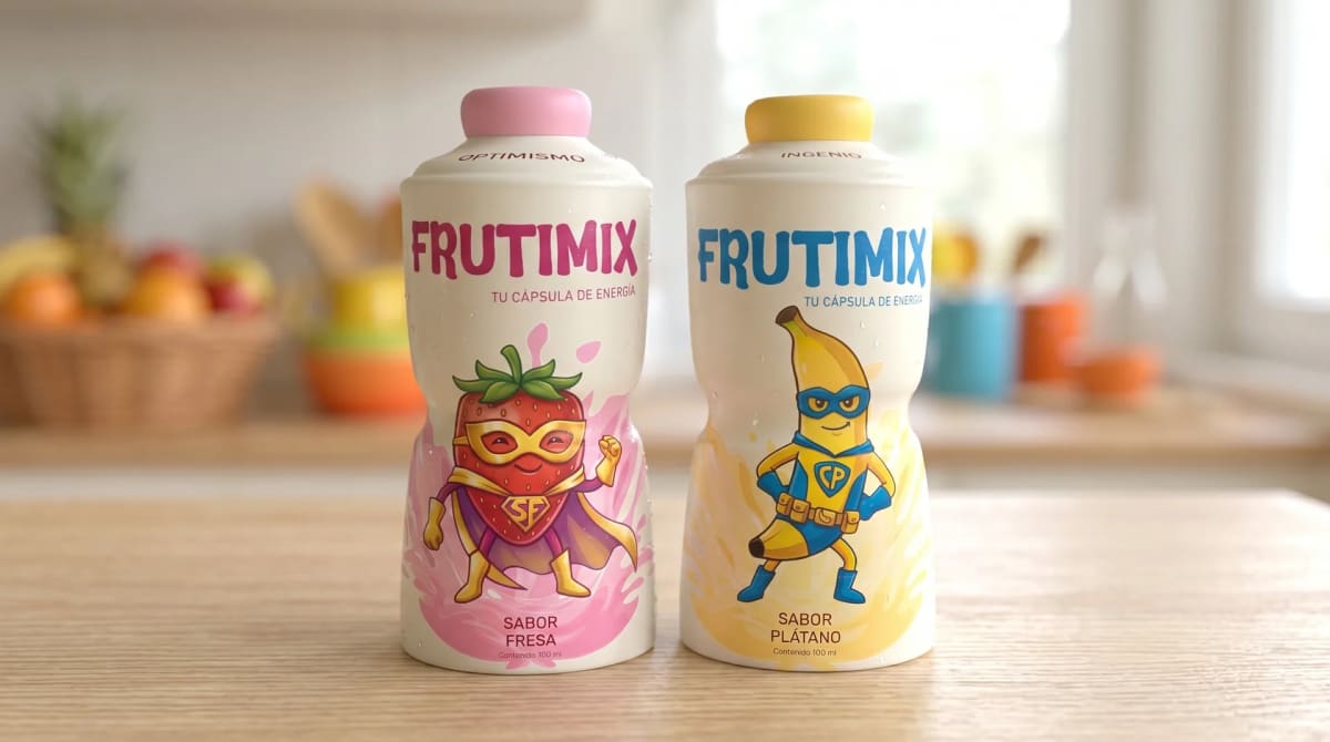 Dos botellas de Frutimix con una fresa y un plátano ilustrados como superhéroes en la etiqueta, de Katherine Valencia, alumna de Diseño Gráfico y Motion Graphics en TRAZOS