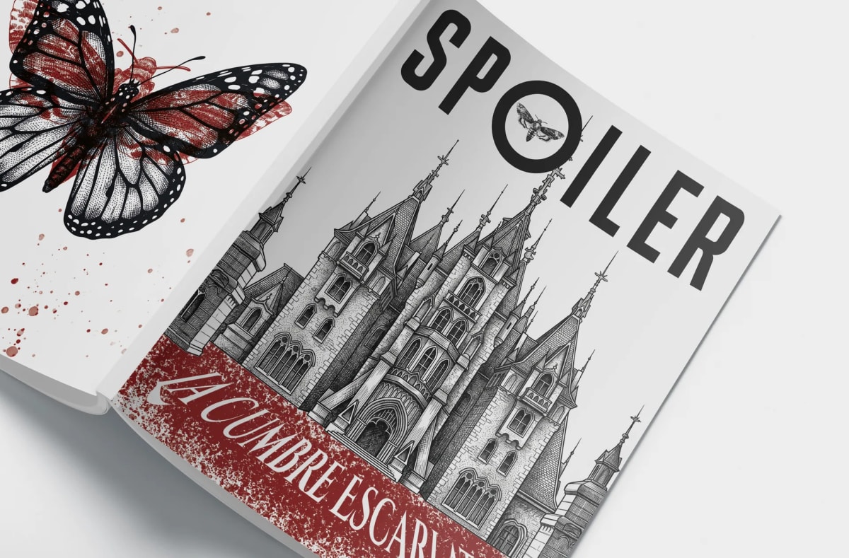 Portada del libro Spoiler dedicada a La Cumbre Escarlata, con una catedral gótica grabada y una mariposa manchada de rojo, de Sandra Marugan, alumna de Diseño Gráfico y Motion Graphics en TRAZOS