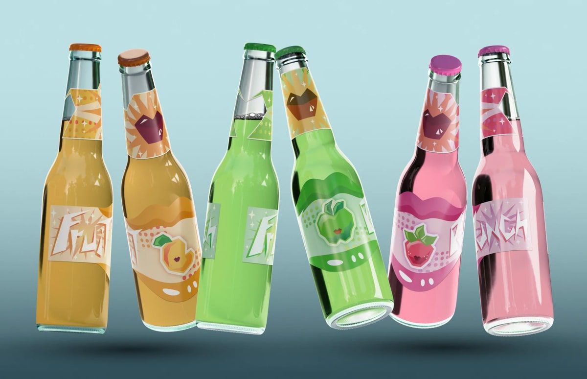 Seis botellas de refresco de frutas con etiquetas ilustradas en naranja, verde y rosa, de Paula Valentina Trotta, alumna de Diseño Gráfico y Motion Graphics en TRAZOS